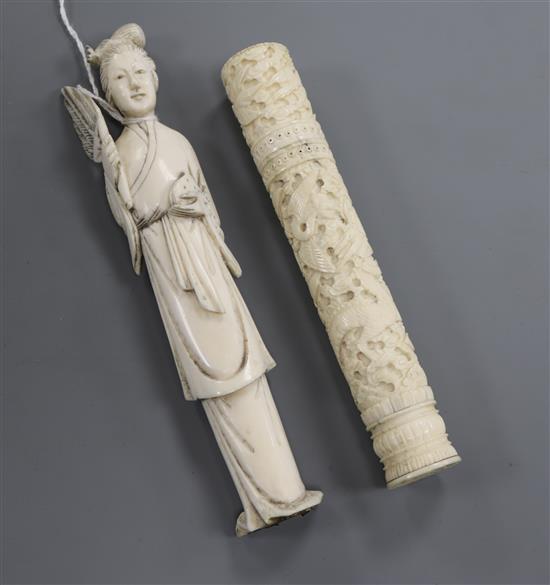 A 19th century Chinese export ivory bodkin case and the figure of a woman